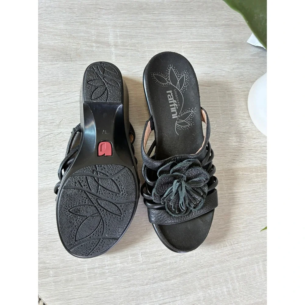 Umberto Raffini Womens Black Leather Flower Wedge Slide Sandals Size 37